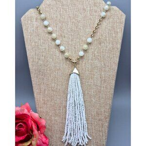 Boho Statement Necklace White Tassel AB Wash Beads Gold Tone Chain Asymmetrical